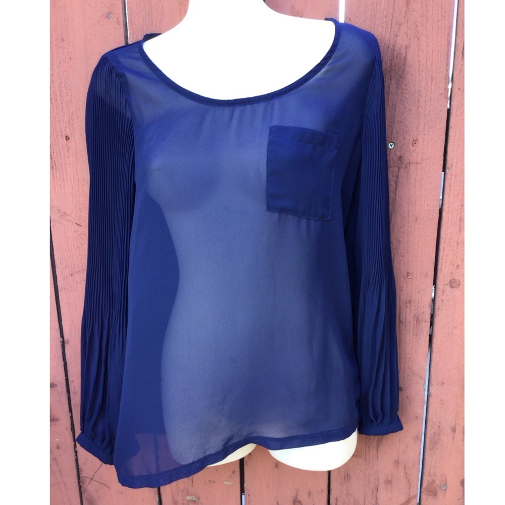 Freebird Navy Blue Sheer Long Sleeve Top